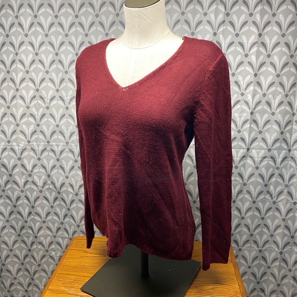 Large Burgundy Knit Sweater By Fresh Long Sleeve V-Neck Ladies sweater Pull Over